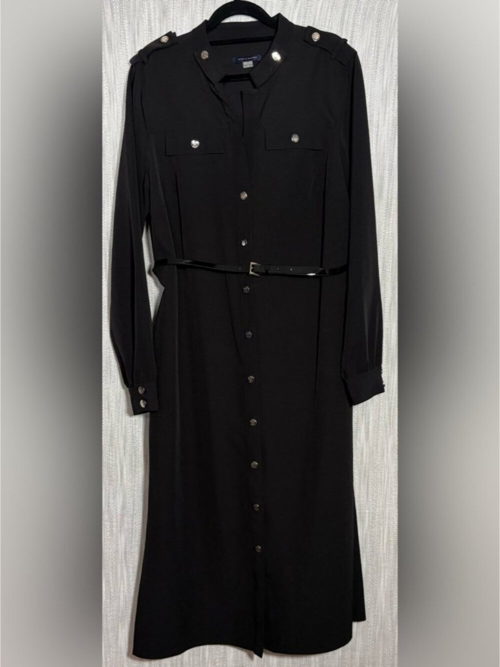 Tommy Hilfiger Black Long-Sleeve Button Shirt Dress with Belt